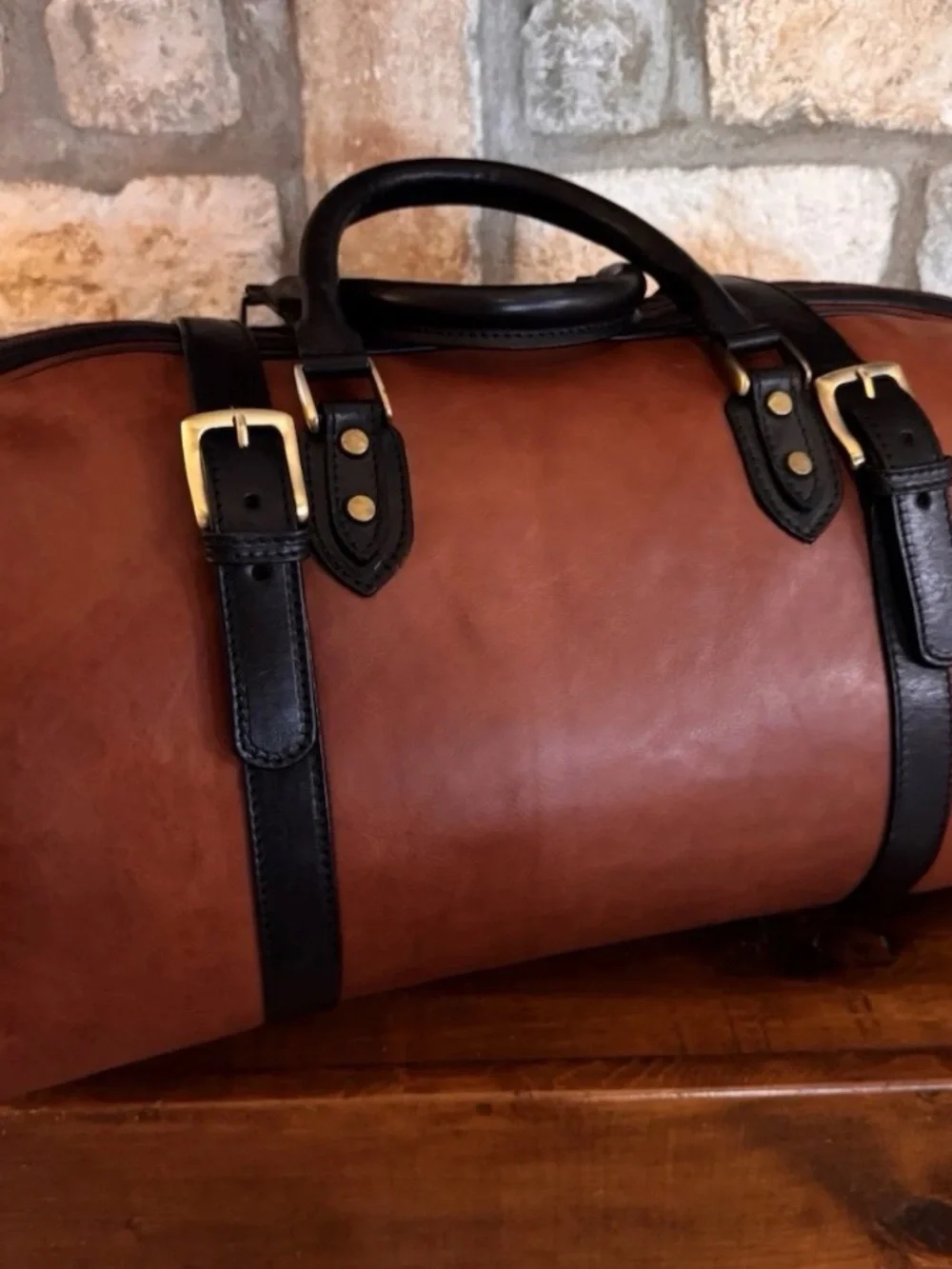 Handcrafted Italian Leather Weekender Duffle Bag 21in Brown & Black-w/Brass Feet